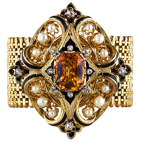 Gold bracelet with enamel, pearls, and citrine. Gold bracelet with enamel, pearls, and citrine.