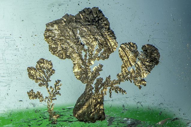 Metal sulfide inclusions in a partially healed fracture.