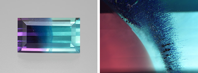 Teal blue and purple bicolor synthetic sapphire. Teal blue and purple bicolor synthetic sapphire.