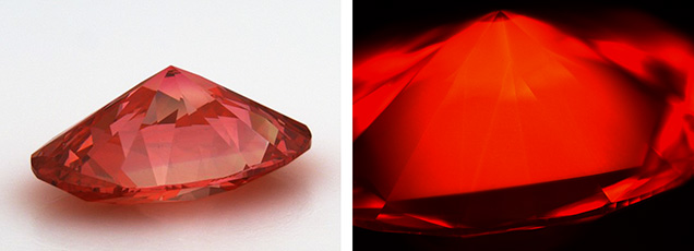 Strong color zoning (left) and fluorescence (right) seen in an HPHT-grown synthetic diamond. Strong color zoning (left) and fluorescence (right) seen in an HPHT-grown synthetic diamond.