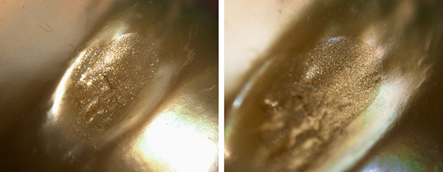 “Glittery” surface material masks surface blemishes of the pearls. “Glittery” surface material masks surface blemishes of the pearls.