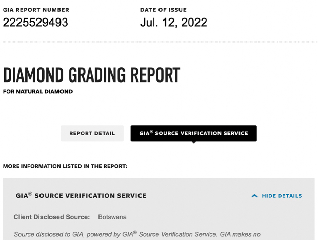 The disclosed information is presented in a tab on GIA Report check. See this sample report on GIA Report Check – report number 2225529493.