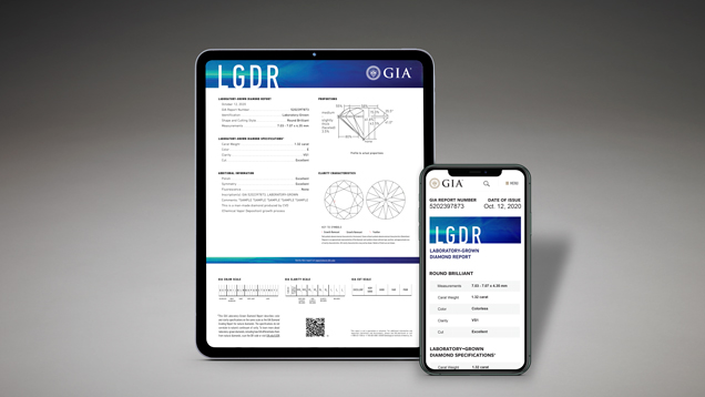 新版 GIA 实验室制造钻石证书中包含 4C 颜色和净度规格。上图为数字版 GIA 实验室制造钻石证书。由 GIA 拍摄。