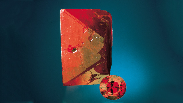 Spinel Crystal and Cut Stone. Spinel specimens range from extraordinary crystals to beautifully cut stones. - Jeffrey Scovil, courtesy Barker & Co