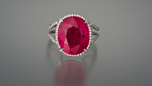 11.01-carat Ruby. Fine-color, large, and eye-clean (lacking visible inclusions) rubies like this 11.01carat (ct) stone from Myanmar (formerly known as Burma) are extremely rare and valuable. – Photo: Robert Weldon/GIA. Courtesy: Jan Goodman Co