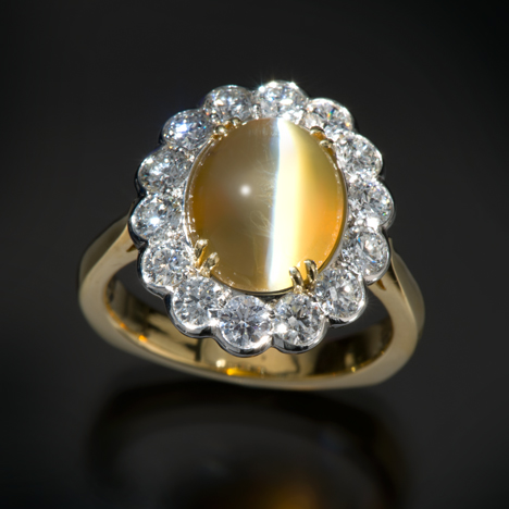 This chrysoberyl ring features a very fine cat’s-eye, which visually divides the cabochon in half and reflects a light and dark color called “milk and honey.” These attributes make the cat’s-eye chrysoberyl a collector gemstone. Courtesy Richard Krementz Gemstones. Photo by Robert Weldon/GIA This chrysoberyl ring features a very fine cat’s-eye, which visually divides the cabochon in half and reflects a light and dark color called “milk and honey.” These attributes make the cat’s-eye chrysoberyl a collector gemstone. Courtesy Richard Krementz Gemstones. Photo by Robert Weldon/GIA