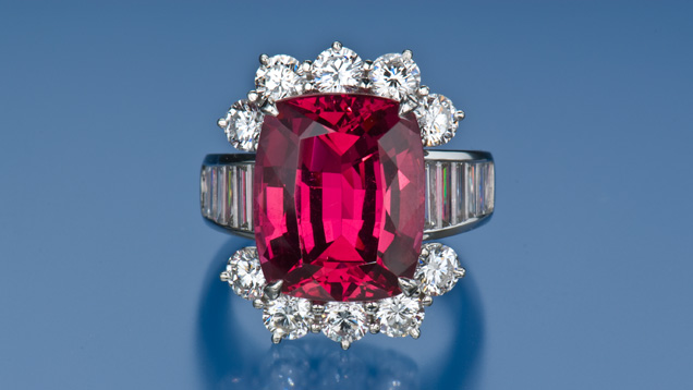 Pink to Red Spinel Ring. Pink to red spinel is in high demand among gem connoisseurs. - Courtesy a Private Collector and Mona Lee Nesseth, Custom Estate Jewels
