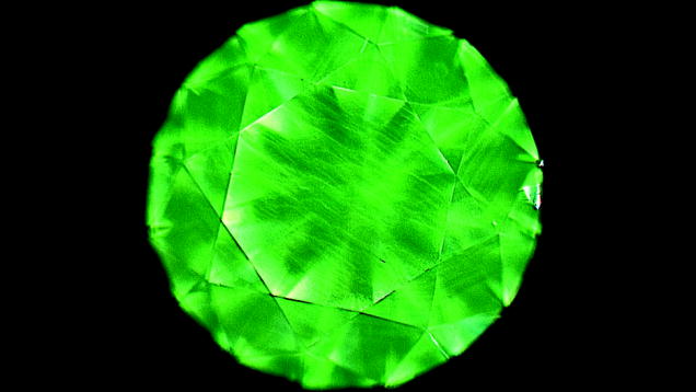 This Gemesis CVD synthetic diamond shows green fluorescence to the short-wave UV radiation of the DiamondView instrument. Image by Wuyi Wang.