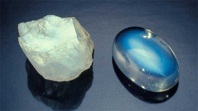 Moonstone. The beautiful shimmer of light that's characteristic of moonstone is apparent even in its rough form. This special property is maximized by a quality cut. - David Humphrey