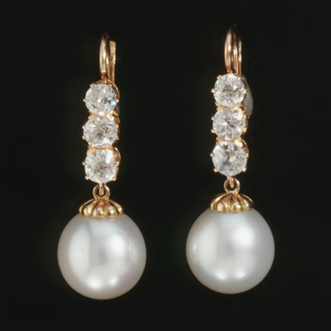 Pearl earrings, such as these American 14K gold, diamond and cultured pearl earrings, should be cleaned using an unused makeup brush and warm, soapy water. Photo by David Behl, © Janet Mavec & GIA. Pearl earrings, such as these American 14K gold, diamond and cultured pearl earrings, should be cleaned using an unused makeup brush and warm, soapy water. Photo by David Behl, © Janet Mavec & GIA.