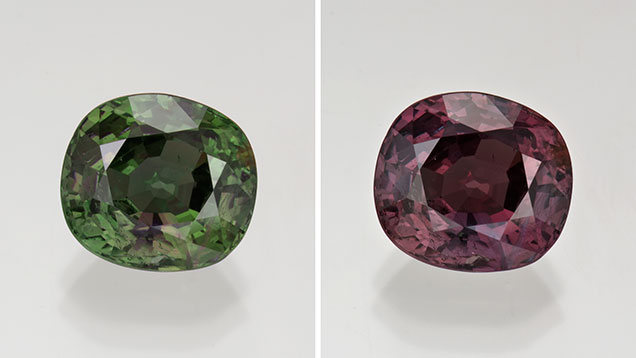 8.82-carat Cushion-Shaped Alexandrite. This 8.82-carat cushion-shaped alexandrite shows nice color change. Its large size is rare for this stone.