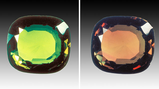 Alexandrite. This color-change alexandrite has low saturation in both its green and red colors, making it slightly brownish and less desirable. - Alan Jobbins