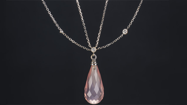 This faceted rose quartz briolette weighs 18.29 carats. Its pastel color is a lovely example of the soft pink this gem is known for. - Robert Weldon, courtesy The Greenwood Group This faceted rose quartz briolette weighs 18.29 carats. Its pastel color is a lovely example of the soft pink this gem is known for. - Robert Weldon, courtesy The Greenwood Group