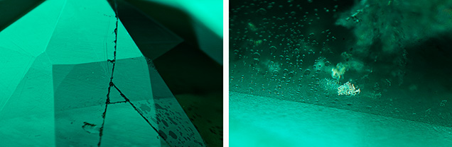 Glass sections (left) and beryl core (right) of assemblage. Glass sections (left) and beryl core (right) of assemblage.