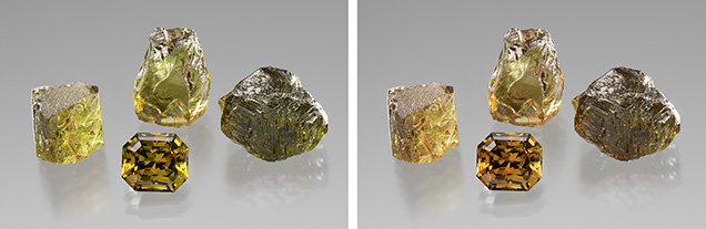 Garnets under daylight-equivalent (left) and incandescent light (right). Garnets under daylight-equivalent (left) and incandescent light (right).
