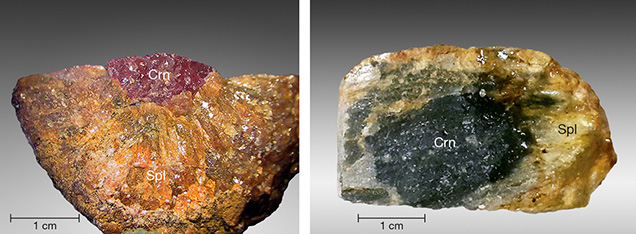 Spinel-coated ruby and sapphire crystals Spinel-coated ruby and sapphire crystals