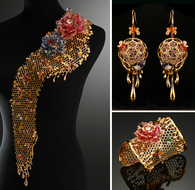 This is Shirley’s award-winning jewelry suite called “Dancing on the Flowers.” The suite was designed and manufactured by Shirley Zhang. – Photo courtesy Shenzhen Meiher Jewelry Ltd.