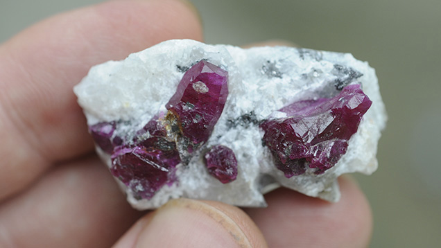 Crystals of ruby in marble matrix. Photo by Vincent Pardieu, © GIA. Crystals of ruby in marble matrix. Photo by Vincent Pardieu, © GIA.