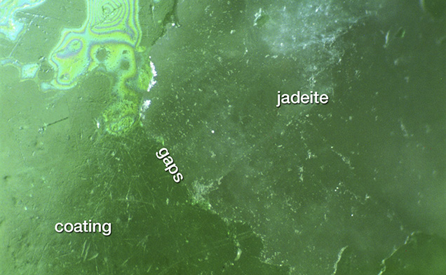 Figure 4. In this specimen, part of the coating has chipped away. Photomicrograph by Jian Zhang; magnified 20×. Figure 4. In this specimen, part of the coating has chipped away. Photomicrograph by Jian Zhang; magnified 20×.
