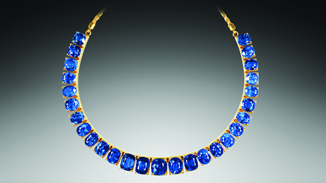 The sapphires in this necklace, ranging in size from 2.4 to 6.7 ct, were reportedly produced in Baw Mar. This is one of the pieces that recently made its way to the Gübelin Gem Lab; some of the Baw Mar stones studied in the lab reached sizes up to 15 ct. Photo by Beryl Huber. The sapphires in this necklace, ranging in size from 2.4 to 6.7 ct, were reportedly produced in Baw Mar. This is one of the pieces that recently made its way to the Gübelin Gem Lab; some of the Baw Mar stones studied in the lab reached sizes up to 15 ct. Photo by Beryl Huber.
