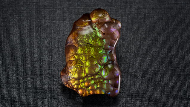 A freeform piece of fire agate shows brown, yellow, orange, green and purple colors. A freeform piece of fire agate shows brown, yellow, orange, green and purple colors.