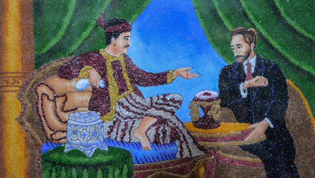 A Mogok made gem painting shows King Mindon presenting the Nga Mauk Ruby to a Frenchman around 1870. Photo by Vincent Pardieu, ©GIA. A Mogok made gem painting shows King Mindon presenting the Nga Mauk Ruby to a Frenchman around 1870. Photo by Vincent Pardieu, ©GIA.