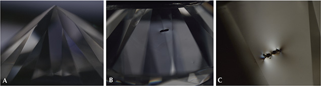 AOTC HPHT synthetic diamond photomicrographs displaying weak low-order interference colors