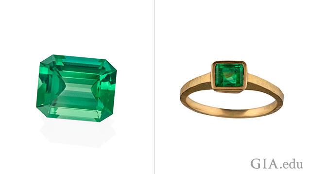 Two emerald shaped green gems. One loose and one set in a ring. Two emerald shaped green gems. One loose and one set in a ring.