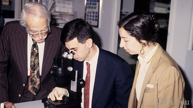 Two men and a woman gather around a microscope. Two men and a woman gather around a microscope.