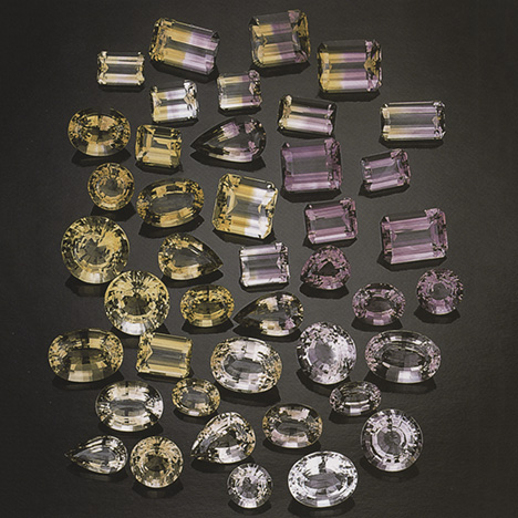 The rough output from the Anahi mine produces amethyst, citrine, and ametrine finished gems in a range of tone and color intensities. Photo © GIA and Tino Hammid. The rough output from the Anahi mine produces amethyst, citrine, and ametrine finished gems in a range of tone and color intensities. Photo © GIA and Tino Hammid.