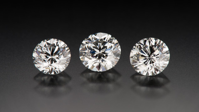 These three round brilliant diamonds, weighing 0.76, 0.82, and 0.74 ct (left to right), received Very Good cut grades. Each cut grade covers a range of proportions and can therefore have different appearances. Photo by Kevin Schumacher/GIA These three round brilliant diamonds, weighing 0.76, 0.82, and 0.74 ct (left to right), received Very Good cut grades. Each cut grade covers a range of proportions and can therefore have different appearances. Photo by Kevin Schumacher/GIA