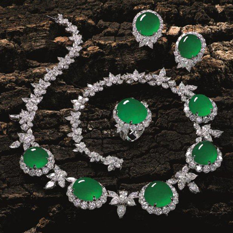 This jade and diamond set of necklace and earrings drew a winning bid of $3.78 million at the Tiancheng International auction in Hong Kong. The eight jade cabochons measured 20.13 mm x 17.13 mm x 9.73 mm and were set with 73.55 carats of diamonds. Courtesy of Tiancheng International. This jade and diamond set of necklace and earrings drew a winning bid of $3.78 million at the Tiancheng International auction in Hong Kong. The eight jade cabochons measured 20.13 mm x 17.13 mm x 9.73 mm and were set with 73.55 carats of diamonds. Courtesy of Tiancheng International.