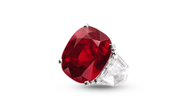 The 25.59 ct. Sunrise Ruby, set in a ring by Cartier, drew a price of $30.3 million at Sotheby’s Geneva sale; the highest price ever paid for a ruby at auction and the highest per-carat price (nearly $1.2 million) ever paid for a ruby. Courtesy of Sotheby’s. The 25.59 ct. Sunrise Ruby, set in a ring by Cartier, drew a price of $30.3 million at Sotheby’s Geneva sale; the highest price ever paid for a ruby at auction and the highest per-carat price (nearly $1.2 million) ever paid for a ruby. Courtesy of Sotheby’s.