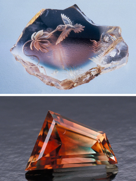 Some sunstones are bicolored, which makes them ideal for free-style designer cuts (bottom). They might also be tricolored, like this lovely 32.80-ct. Oregon sunstone (top). The cut is a spectacular example of the sculptor’s artistry. – Tino Hammid (left); Maha Tannous, courtesy Dust Devil Mining Company, Beaver, Oregon (top). Some sunstones are bicolored, which makes them ideal for free-style designer cuts (bottom). They might also be tricolored, like this lovely 32.80-ct. Oregon sunstone (top). The cut is a spectacular example of the sculptor’s artistry. – Tino Hammid (bottom); Maha Tannous, courtesy Dust Devil Mining Company, Beaver, Oregon (top)