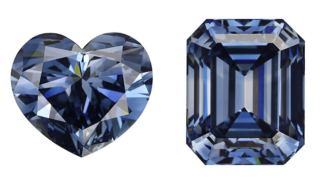 Heart-shaped and emerald cut blue HPHT diamonds Heart-shaped and emerald cut blue HPHT diamonds