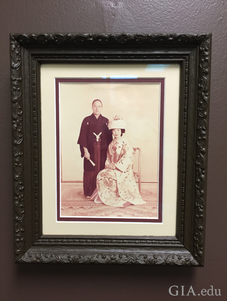 Framed photo of man and woman wearing kimonos