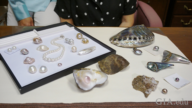 Pearls, shells, and jewelry on table