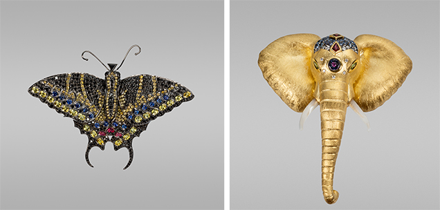 Swallowtail and elephant brooches. Swallowtail and elephant brooches.