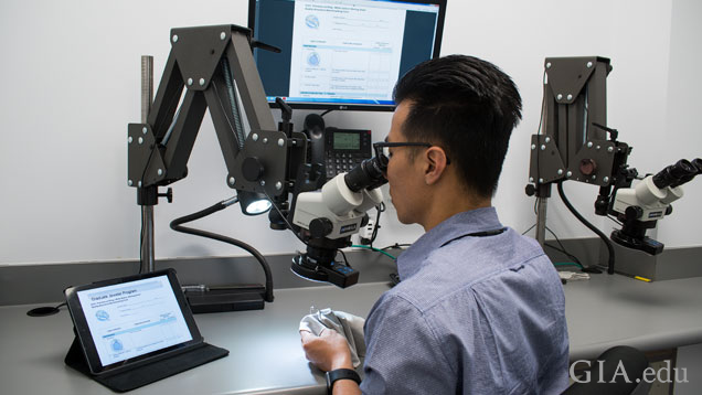 Man sits in front of a microscope to examine a piece of jewelry. Man sits in front of a microscope to examine a piece of jewelry.