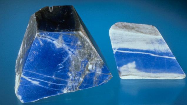 Lapis Lazuli. These two blocks of lapis rough vary greatly in value. The block on the right will sell at a much lower price than the one on the left due to its high calcite presence and its lighter shade of blue. - Maha Tannous