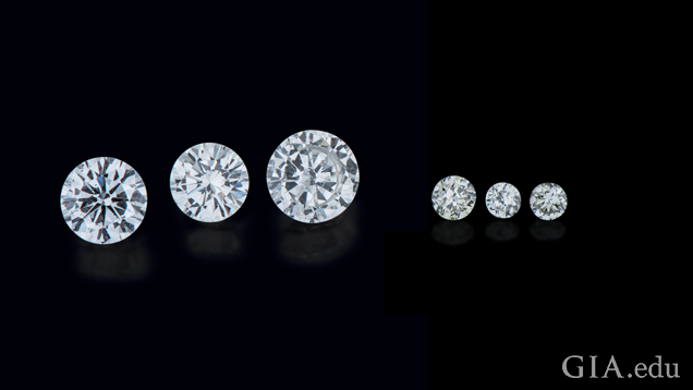 A variety of large, commercial and melee cut man-made gemstones are available in the market. These HPHT diamonds, from left, are 0.41 ct, 0.31 ct and 0.50 ct. and three melee-sized stones.