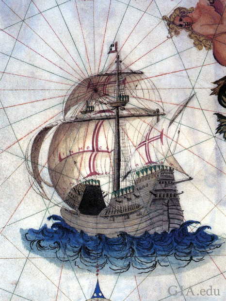 Drawing of ancient ship with a map grid in the background. Drawing of ancient ship with a map grid in the background.