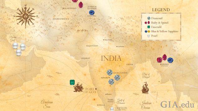 A map of India and surrounding countries showing the origin of many of the gems that were used in the Indian jewelry shown in this article including diamonds, rubies, emeralds, pearls and sapphires A map of India and surrounding countries showing the origin of many of the gems that were used in the Indian jewelry shown in this article including diamonds, rubies, emeralds, pearls and sapphires