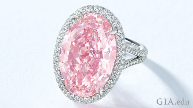 A 14.93 ct oval pink diamond is surrounded by a halo of colorless diamonds and mounted into a ring.