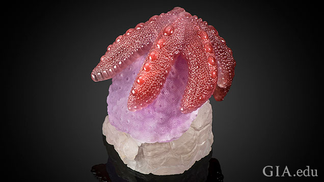 A pink starfish sits on top of a piece of coral. A pink starfish sits on top of a piece of coral.