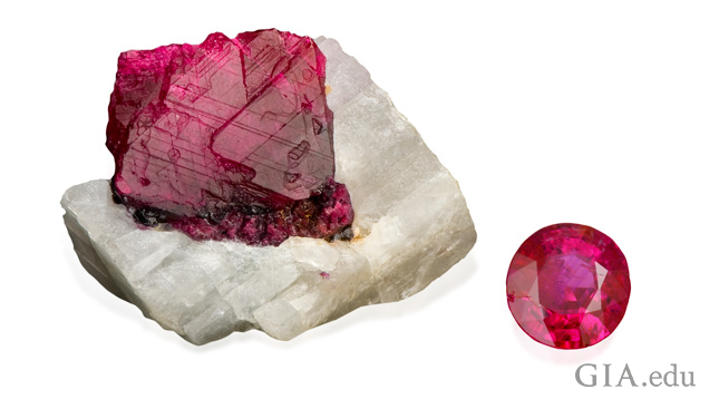 A ruby in white matrix material, left, and a cut and polished ruby. A ruby in white matrix material, left, and a cut and polished ruby.