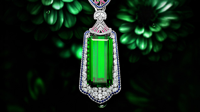 Emerald-cut green tourmaline with fancy cut diamonds, pink an green tourmaline, and blue sapphire necklace Emerald-cut green tourmaline with fancy cut diamonds, pink an green tourmaline, and blue sapphire necklace