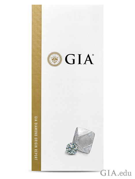 The GIA Diamond Origin Report cover features a piece of rough and a polished diamond. The GIA Diamond Origin Report cover features a piece of rough and a polished diamond.