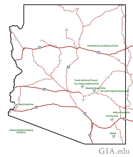 Map of Arizona shows the locations of the mines, natural locations and towns mentioned in the article, plus the roads used to get to them. Map of Arizona shows the locations of the mines, natural locations and towns mentioned in the article, plus the roads used to get to them.