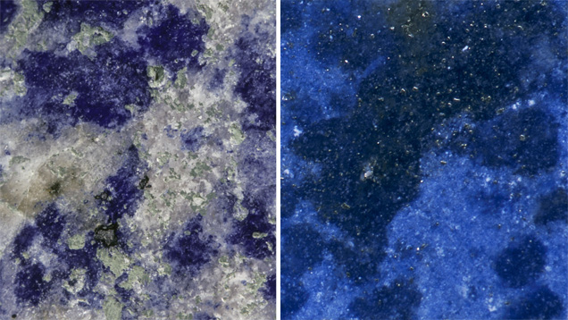 Lapis Lazuli. Calcite shows up as white flecks or streaks in the aggregate (left), while the golden, metallic-looking spots are pyrite (right). - John Koivula (right)